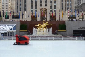 Getting ice-skating ring ready at Rockefeller Centre