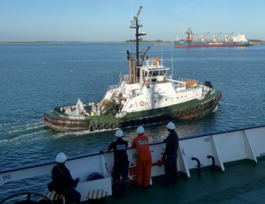 Pilot ship leading Ortelius out of Bluff harbor, Feb 11, 2015